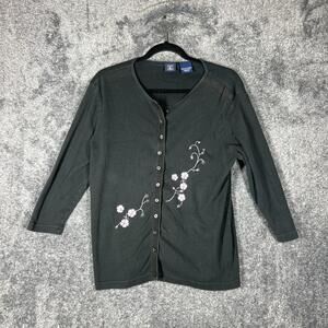 Hunt Club Cardigan Sweater Womens XLarge Black Floral Embroidered Button